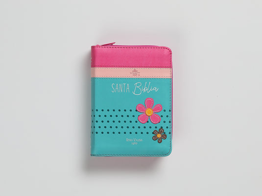 Biblia de Bolsillo RVR 1960, Cierre zíper, imitación piel fucsia/rosa/turquesa con flores