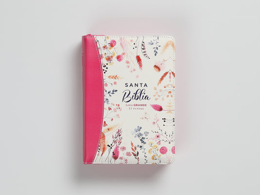 Biblia RVR 1960, Tamaño portátil, Cierre zíper, Letra Grande, imitación piel fucsia primaveral