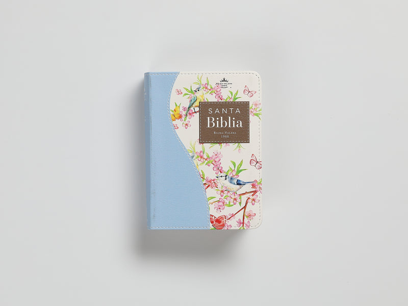 Cargue la imagen en el visor de la galería, Biblia de Bolsillo RVR 1960, imitación piel celeste flores y pájaros

