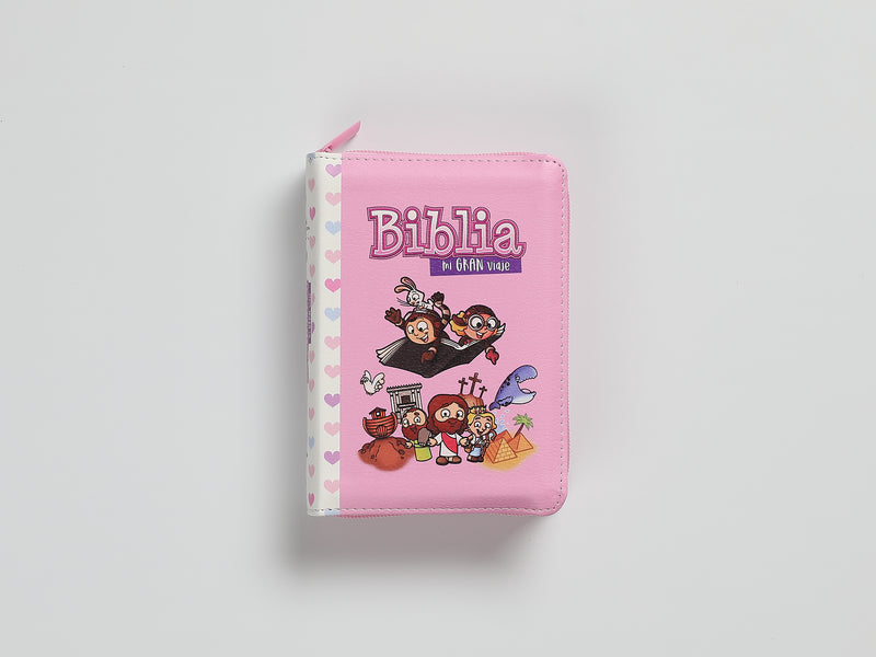 Cargue la imagen en el visor de la galería, Biblia para niños de bolsillo Mi gran viaje RVR 1960, Cierre zíper, imitación piel rosada
