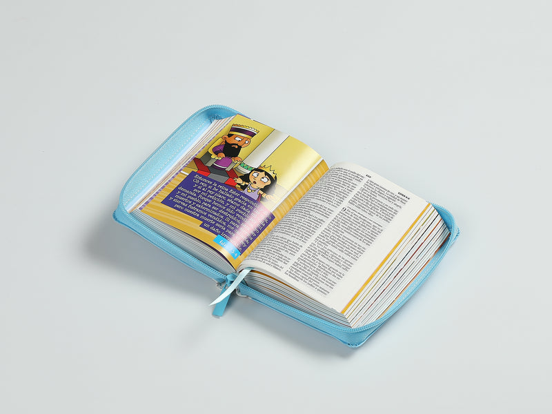 Cargue la imagen en el visor de la galería, Biblia para niños de bolsillo Mi gran viaje RVR 1960, Cierre zíper, imitación piel celeste
