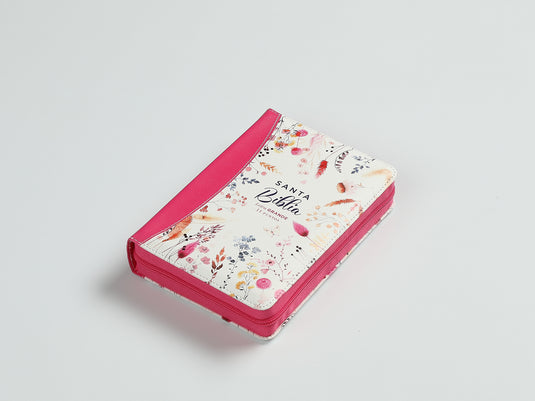 Biblia RVR 1960, Tamaño portátil, Cierre zíper, Letra Grande, imitación piel fucsia primaveral