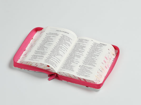 Biblia RVR 1960, Tamaño portátil, Cierre zíper, Letra Grande, imitación piel fucsia primaveral