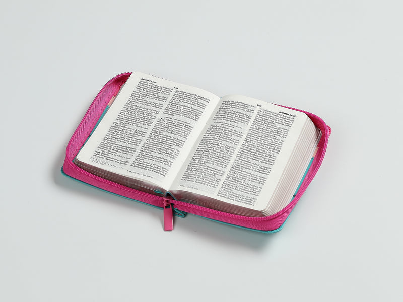 Cargue la imagen en el visor de la galería, Biblia de Bolsillo RVR 1960, Cierre zíper, imitación piel fucsia/rosa/turquesa con flores
