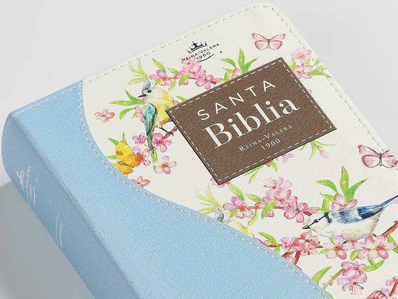 Cargue la imagen en el visor de la galería, Biblia de Bolsillo RVR 1960, imitación piel celeste flores y pájaros
