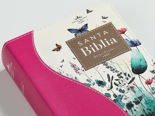 Biblia de Bolsillo RVR 1960, imitación piel fucsia flores y mariposas