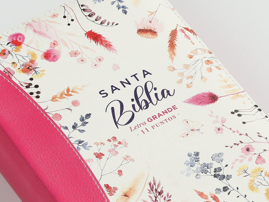 Biblia RVR 1960, Tamaño portátil, Cierre zíper, Letra Grande, imitación piel fucsia primaveral