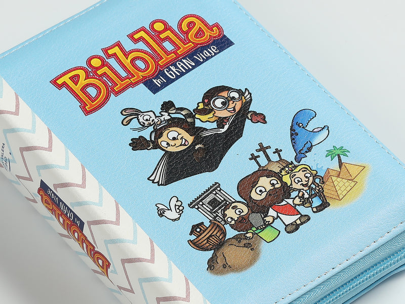 Cargue la imagen en el visor de la galería, Biblia para niños de bolsillo Mi gran viaje RVR 1960, Cierre zíper, imitación piel celeste
