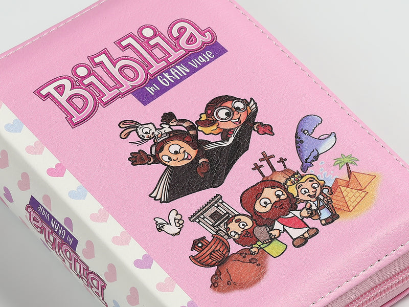 Cargue la imagen en el visor de la galería, Biblia para niños de bolsillo Mi gran viaje RVR 1960, Cierre zíper, imitación piel rosada

