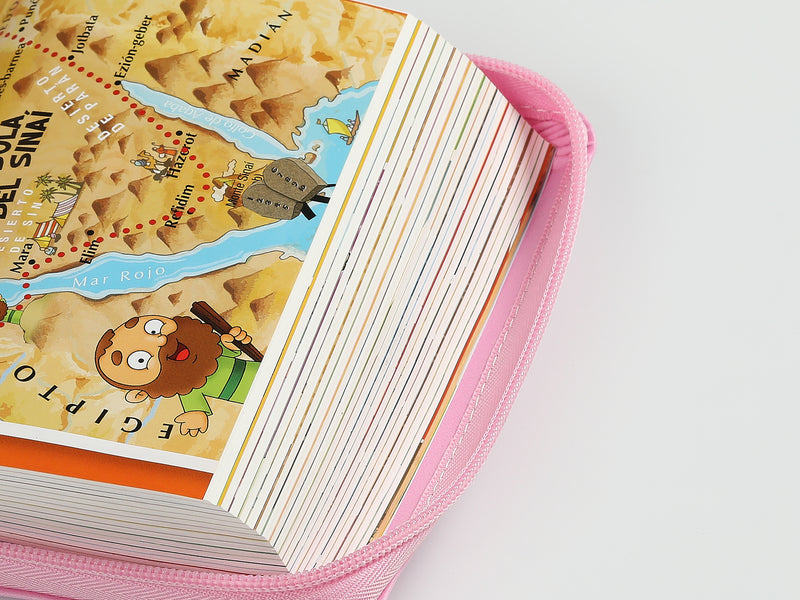 Cargue la imagen en el visor de la galería, Biblia para niños de bolsillo Mi gran viaje RVR 1960, Cierre zíper, imitación piel rosada
