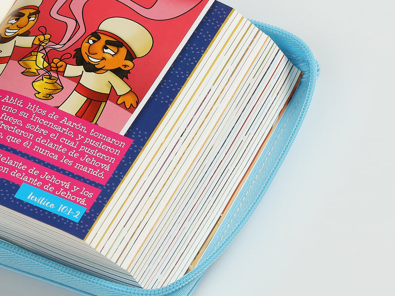 Cargue la imagen en el visor de la galería, Biblia para niños de bolsillo Mi gran viaje RVR 1960, Cierre zíper, imitación piel celeste
