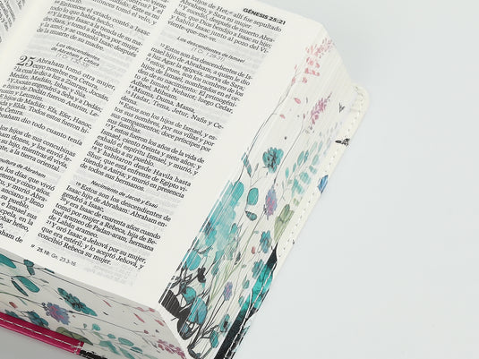 Biblia de Bolsillo RVR 1960, imitación piel fucsia flores y mariposas