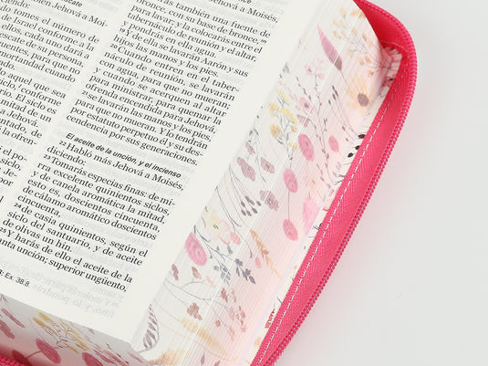 Biblia RVR 1960, Tamaño portátil, Cierre zíper, Letra Grande, imitación piel fucsia primaveral