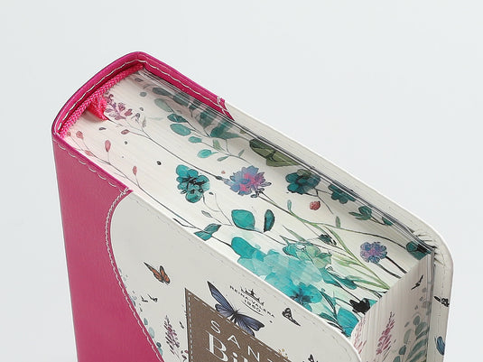 Biblia de Bolsillo RVR 1960, imitación piel fucsia flores y mariposas