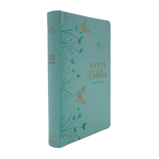 Biblia RVR 1960, Tamaño manual, Letra Grande, imitación piel menta mariposas