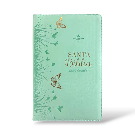 Biblia RVR 1960, Tamaño portátil, Letra Grande, Cierre zíper, imitación piel menta mariposas