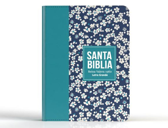 Biblia RVR 1960, Tamaño compacta, Letra Grande, imitación piel verde azulado flores