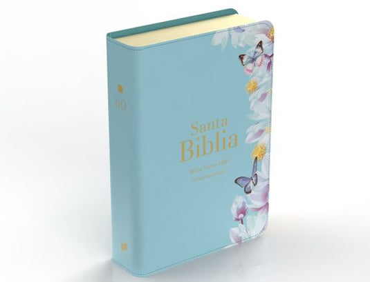 Biblia RVR 1960, Letra Súper Gigante, imitación piel celeste mariposas y flores