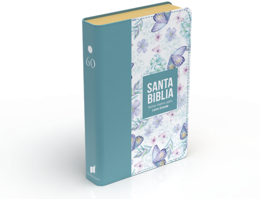 Biblia RVR 1960, Tamaño manual, Letra Grande, imitación piel turquesa mariposas y flores