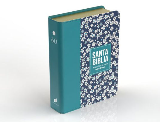 Biblia RVR 1960, Tamaño compacta, Letra Grande, imitación piel verde azulado flores