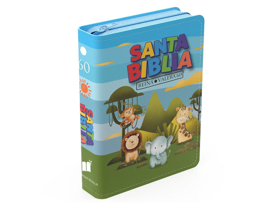 Biblia de bolsillo RVR 1960 para niños, Cierre zíper, imitación piel Animalitos