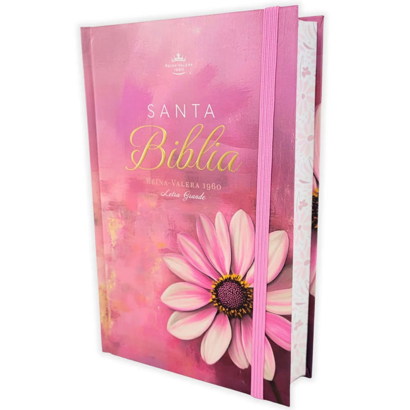 Cargue la imagen en el visor de la galería, Biblia RVR 1960, Tamaño Manual, Letra Grande, tapa dura con elástico rosa flor

