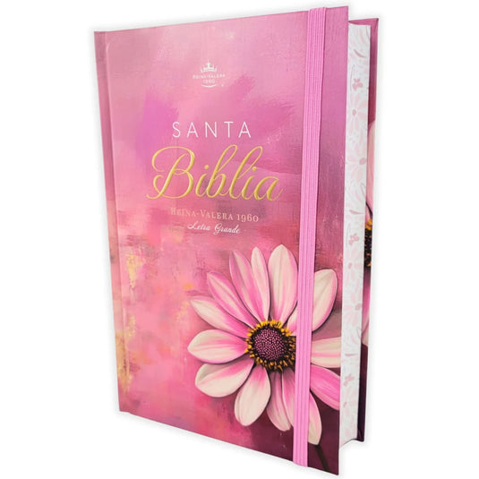 Biblia RVR 1960, Tamaño Manual, Letra Grande, tapa dura con elástico rosa flor