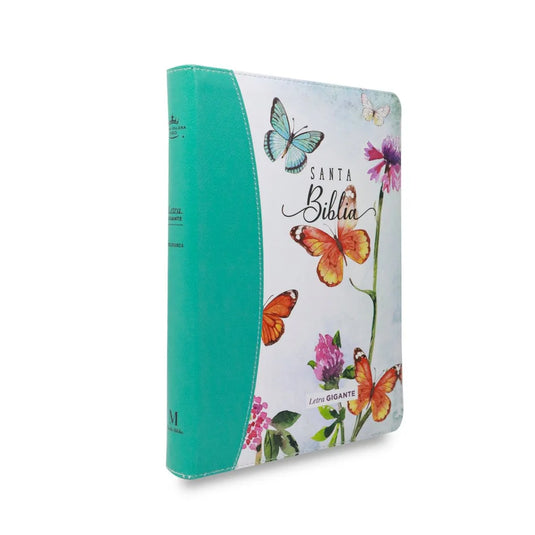 Biblia RVR 1960, Tamaño manual, Cierre zíper, con índice, Letra Gigante, imitación piel turquesa mariposas