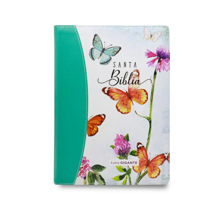 Cargue la imagen en el visor de la galería, Biblia RVR 1960, Tamaño manual, Cierre zíper, con índice, Letra Gigante, imitación piel turquesa mariposas
