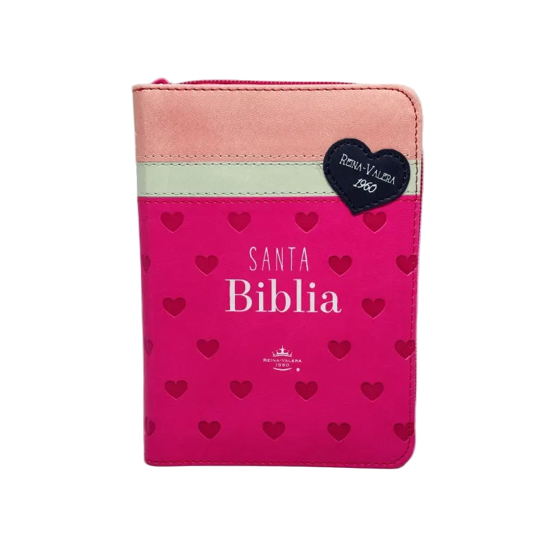 Cargue la imagen en el visor de la galería, Biblia de Bolsillo RVR 1960, Cierre zíper, imitación piel tonos rosados con Corazones
