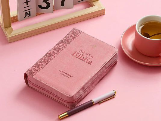 Biblia RVR60, Tamaño compacta, Cierre zíper, Letra Grande, símil piel rosada