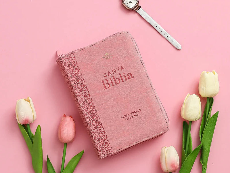 Cargue la imagen en el visor de la galería, Biblia RVR60, Tamaño compacta, Cierre zíper, Letra Grande, símil piel rosada
