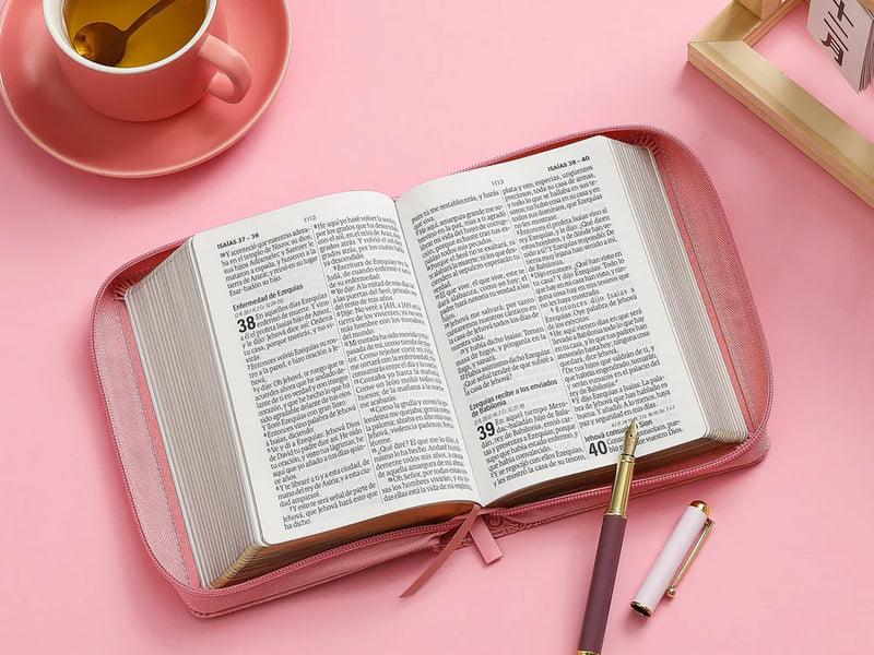 Cargue la imagen en el visor de la galería, Biblia RVR60, Tamaño compacta, Cierre zíper, Letra Grande, símil piel rosada
