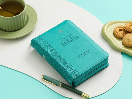 Biblia RVR60 RVR 1960, Tamaño Compacto, Letra Grande, Cierre zíper, imitación piel turquesa floral