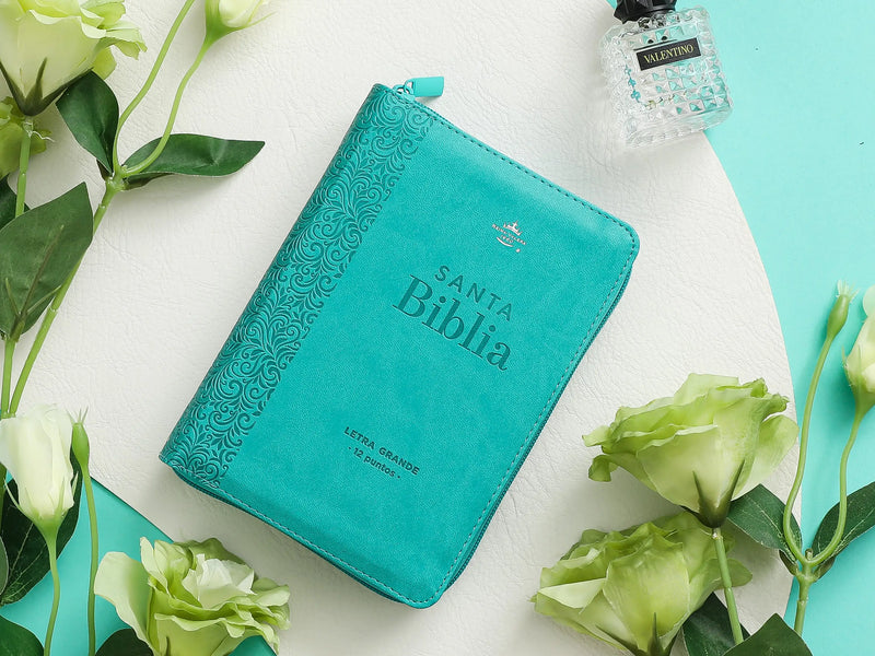 Cargue la imagen en el visor de la galería, Biblia RVR60 RVR 1960, Tamaño Compacto, Letra Grande, Cierre zíper, imitación piel turquesa floral
