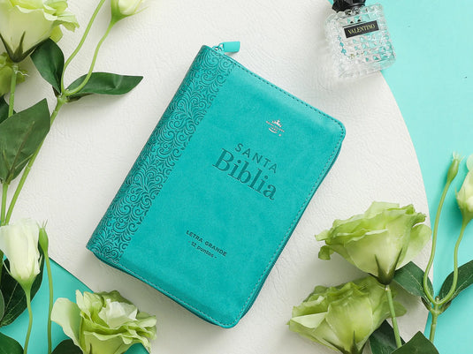 Biblia RVR60 RVR 1960, Tamaño Compacto, Letra Grande, Cierre zíper, imitación piel turquesa floral