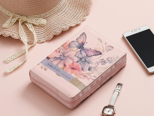 Biblia RVR 1960, Tamaño compacto, Cierre zíper, con índice, Letra Grande, imitación piel rosa mariposa