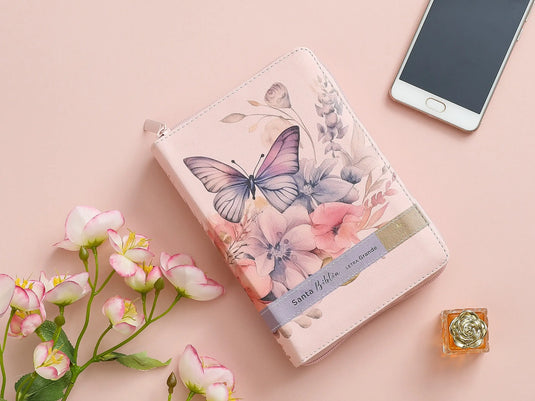 Biblia RVR 1960, Tamaño compacto, Cierre zíper, con índice, Letra Grande, imitación piel rosa mariposa