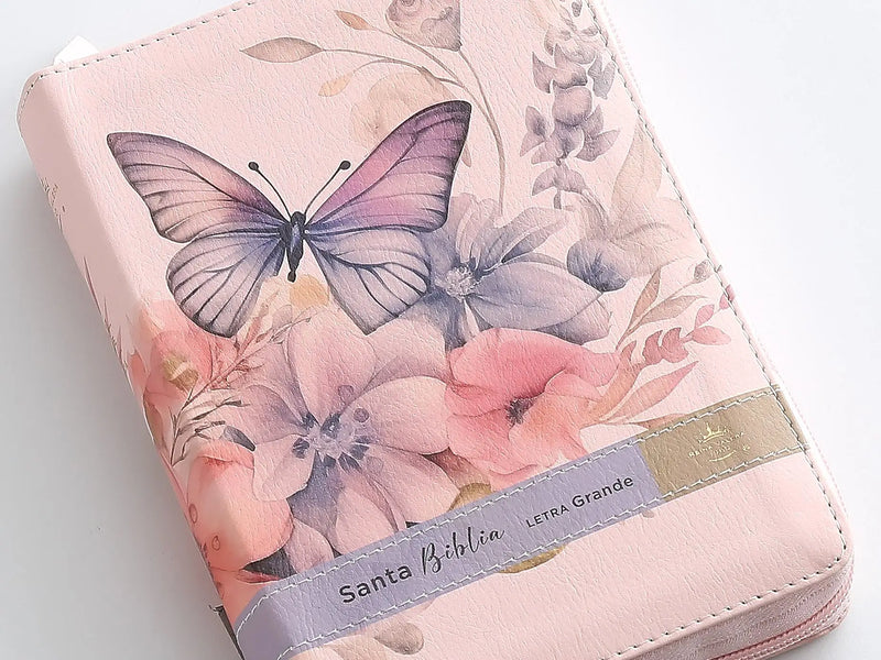 Cargue la imagen en el visor de la galería, Biblia RVR 1960, Tamaño compacto, Cierre zíper, con índice, Letra Grande, imitación piel rosa mariposa
