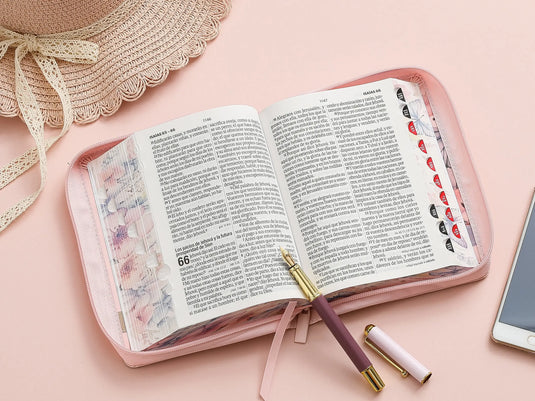 Biblia RVR 1960, Tamaño compacto, Cierre zíper, con índice, Letra Grande, imitación piel rosa mariposa