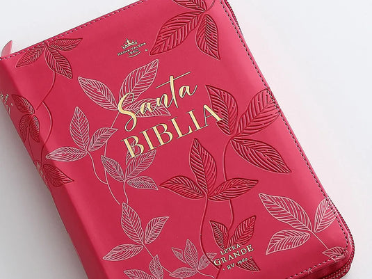 Biblia RVR 1960, Tamaño portátil, Cierre zíper, Letra Grande, imitación piel fucsia hojas