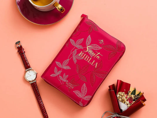 Biblia RVR 1960, Tamaño portátil, Cierre zíper, Letra Grande, imitación piel fucsia hojas
