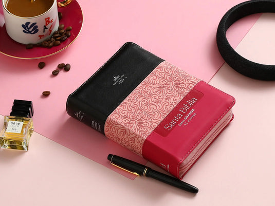 Biblia RVR 1960, Letra Grande, Cierre zíper, con índice, imitación piel tonos rosados con negro