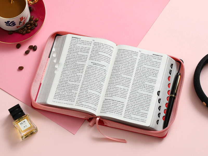 Cargue la imagen en el visor de la galería, Biblia RVR 1960, Letra Grande, Cierre zíper, con índice, imitación piel tonos rosados con negro
