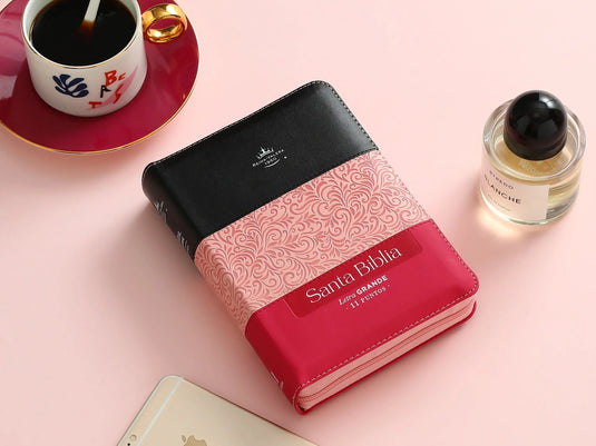 Biblia RVR 1960, Letra Grande, Cierre zíper, con índice, imitación piel tonos rosados con negro