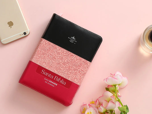 Biblia RVR 1960, Letra Grande, Cierre zíper, con índice, imitación piel tonos rosados con negro