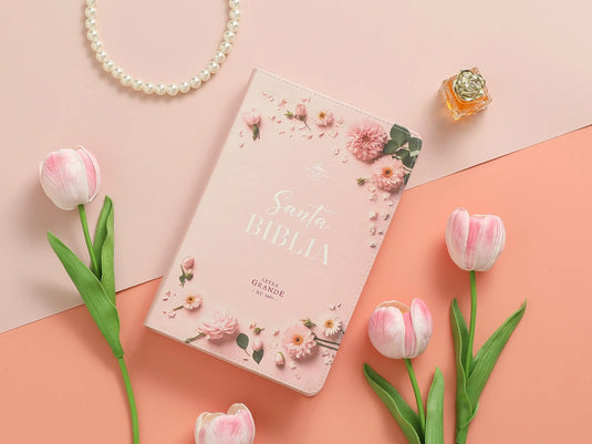 Biblia RVR 1960, Letra Grande, con índice, imitación piel rosa flores