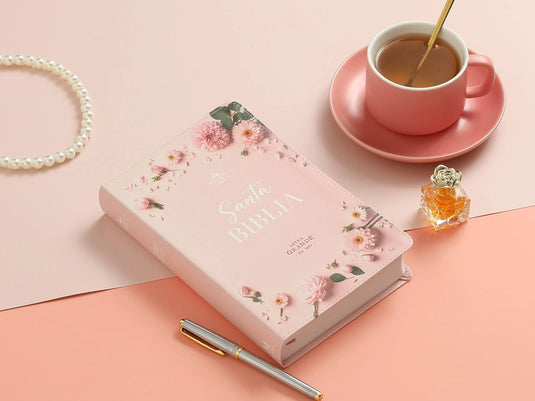 Biblia RVR 1960, Letra Grande, con índice, imitación piel rosa flores