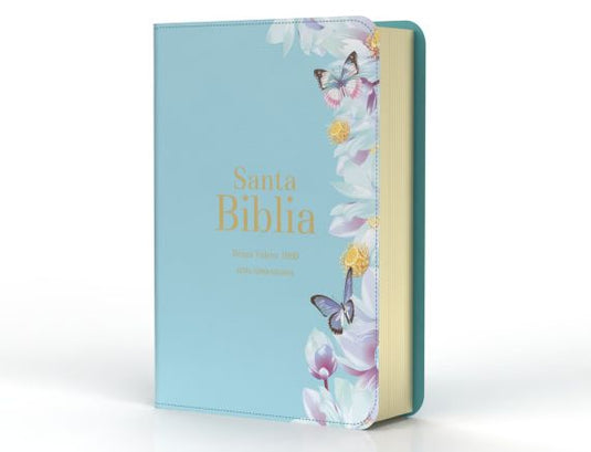 Biblia RVR 1960, Letra Súper Gigante, imitación piel celeste mariposas y flores