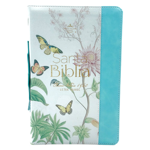 Biblia RVR 1960, Tamaño portátil, Cierre zíper, con índice, Letra Grande, imitación piel menta mariposas
